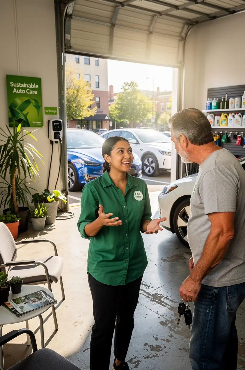Urban driver receiving transparent explanation of maintenance services at New York City quick-service auto center.